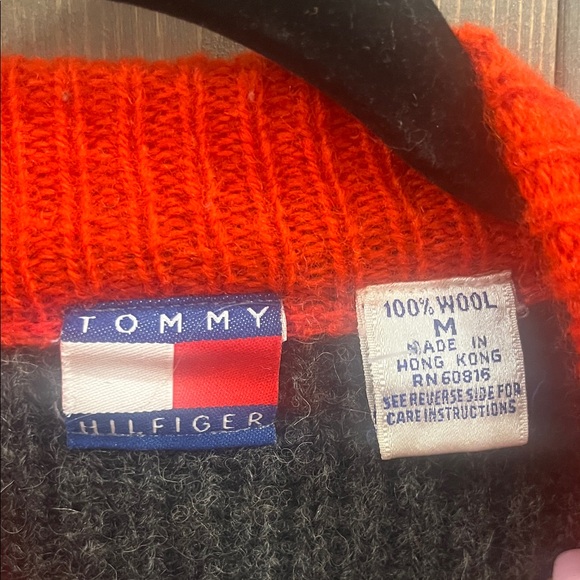 Wool Tommy Hilfiger Men's Charcoal and Red Half Zip-Up Sweater - Picture 2 of 4